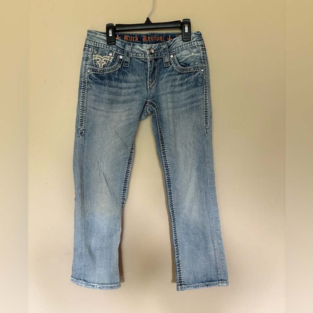 Rock Revival Women's Ella Capri Light Blue Size 25 90s embroidered bling Y2K